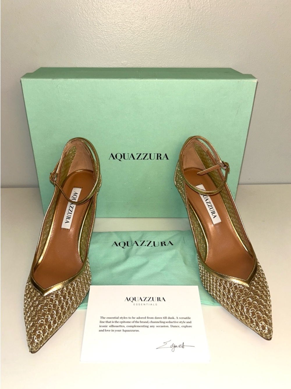 Aquazzura Asha Mesh Pump 85 Metallic Gold Pointed Toe AUTHENTIC - Picture 8 of 11